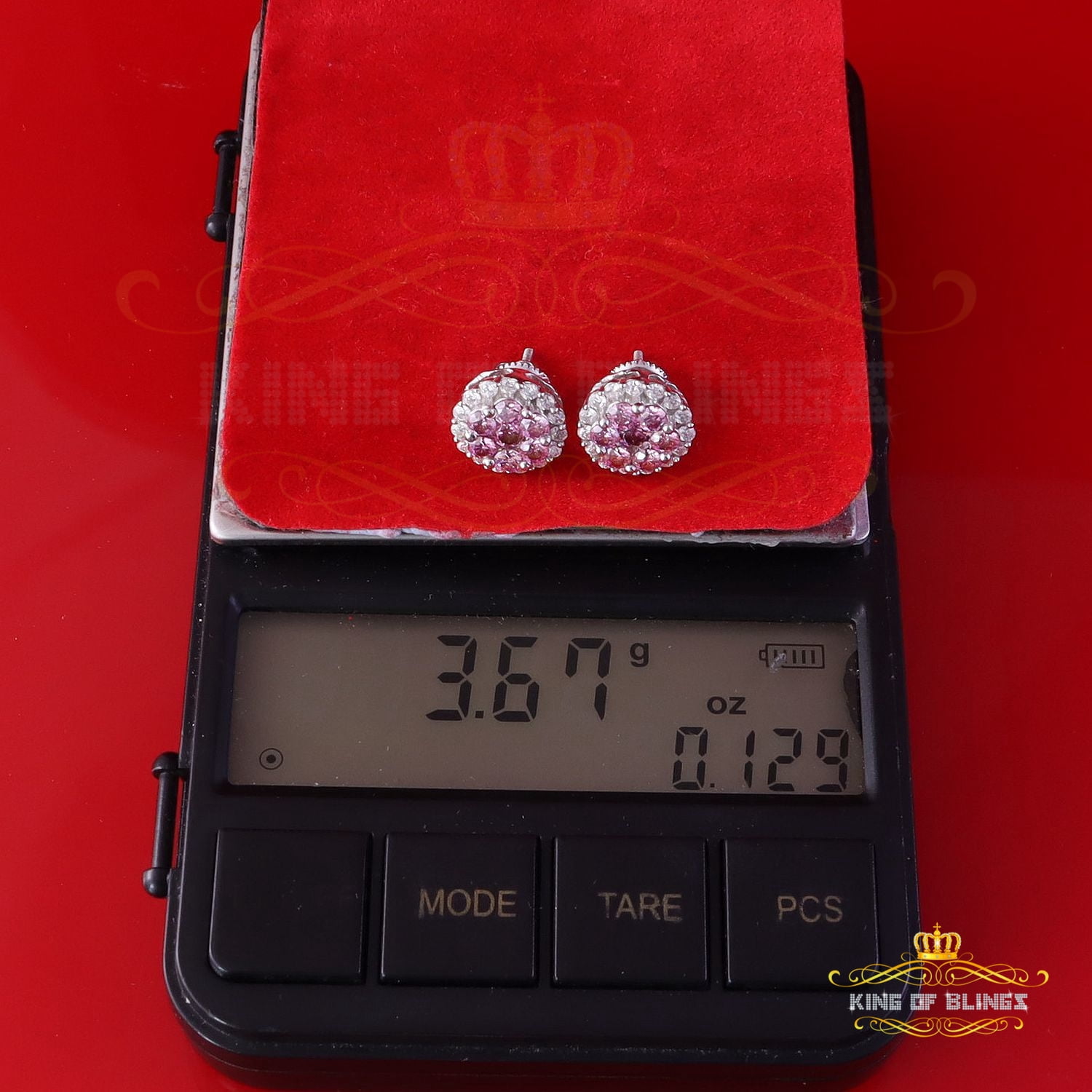 King of Bling's Men's/Women's 925 Silver White 2.00ct VVS D Pink Moissanite Round Stud Earrings