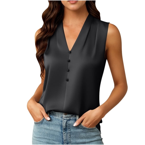 TaTaai Women Elegant Satin V Neck Tank Top Button Design Sleeveless Casual Fashion Silk-like Soft Machine Washable No Fading Lightweight Daily Wear Camisole Gift