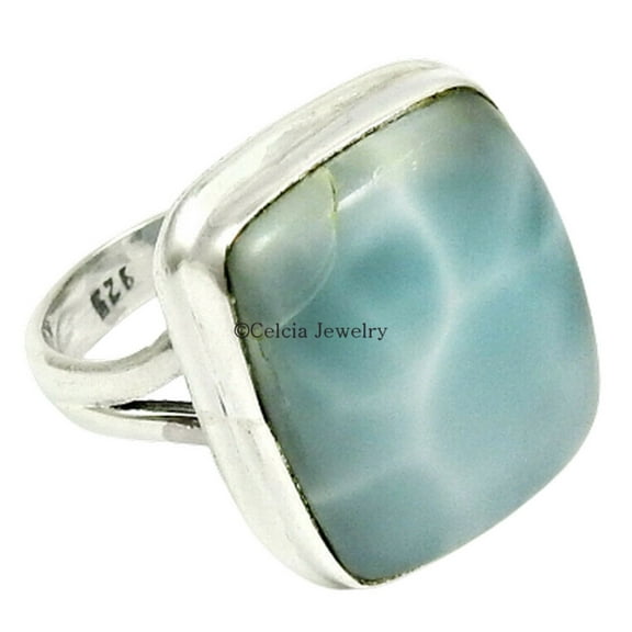 Larimar Gemstone Solitaire Ring, 925 Sterling Silver, Proposal Ring, Promise Ring, Unique Couples Gifts, Groomsmen Bridesmaid Gifts, Valentines Day Gifts, Graduation Gifts (Larimar, 7)