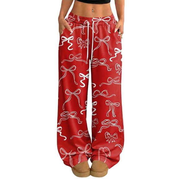Fabrcox Wide Leg Pants for Women Bow Graphic Baggy Lounge Pants Women Comfy Spring Summer Valentines Day Women Trousers with Pockets