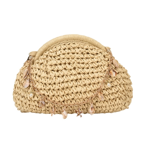 Yucurem Retro Straw Woven Dumpling Bag with Seashell Chain, Bohemian Beach Handbag for Summer Wedding Party Supplies (Beige)