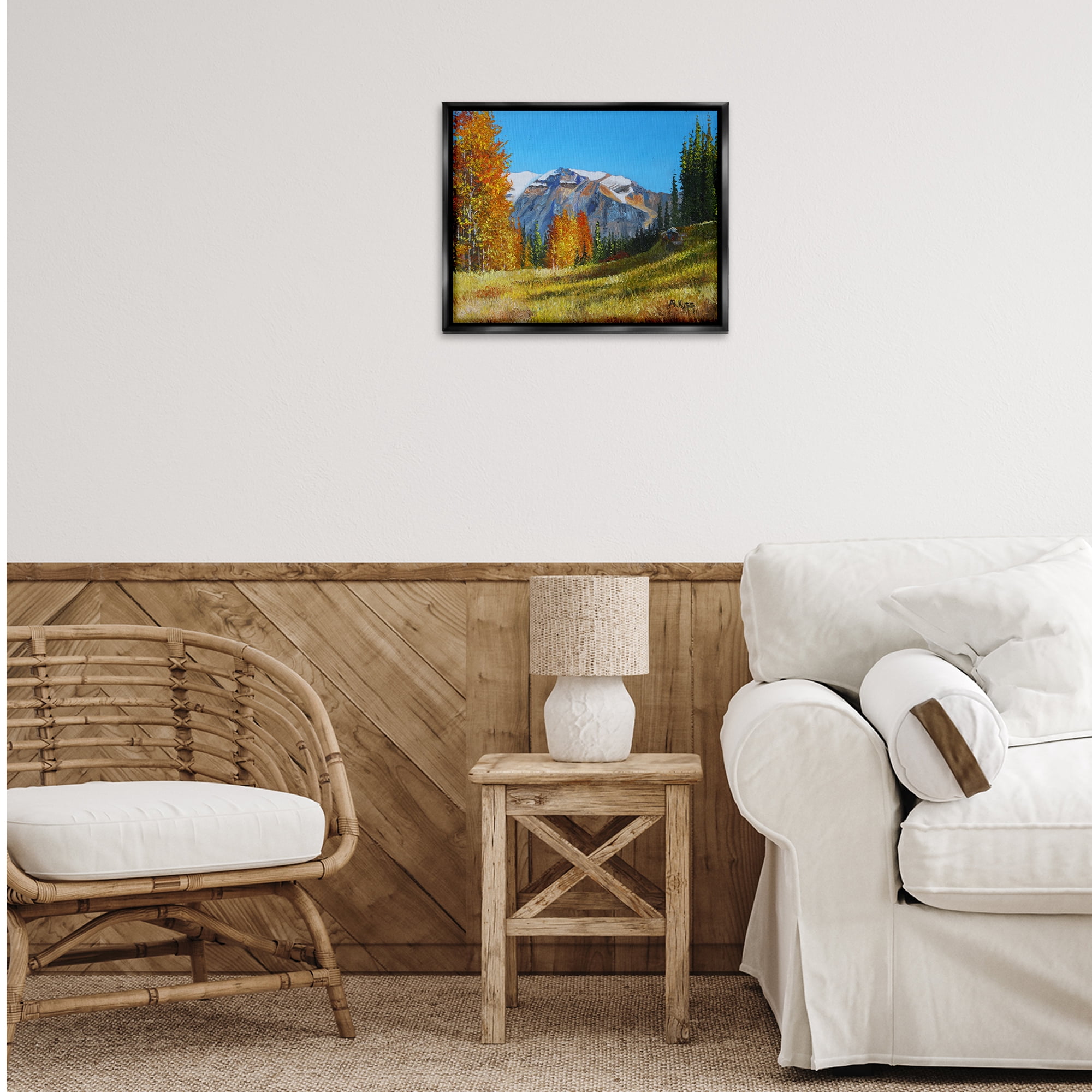 Stupell Industries Autumnal Mountain Valley Landscape & Nature Painting Black Floater Framed Canvas Art Print Wall Art, 21 x 17