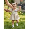 thumbnail image 6 of BemeyourBBs Boho Newborn Baby Girl Summer Clothes Baptism Dress Outfits Summer Romper Dress Crochet Granny Square Floral Embroidered Eyelet Ruffled Hem Short Sleeve Dress And Bow Headband Set, 6 of 8