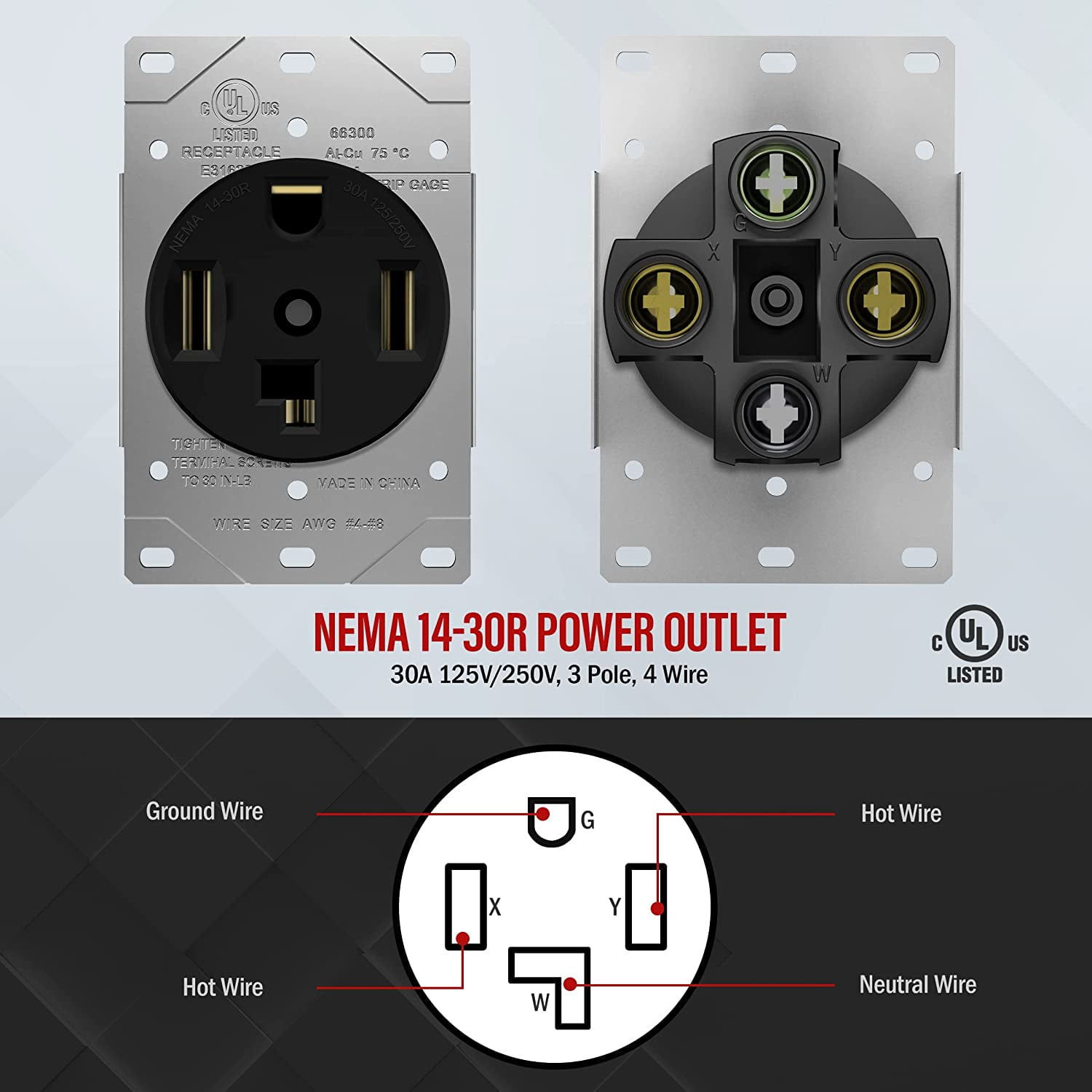 ENERLITES 30 Amp Dryer Receptacle Outlet, NEMA 14-30R | Residential Commercial Industrial Grade, Outdoor/Indoor, 3-Pole, 4 Wire, (10,8,6,4) AWG, UL Listed | 125/250V, 66300-BK - Black
