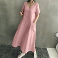 thumbnail image 6 of Mrasaso New Arrivals,Women Dress,Women’s Spring and Summer V-Neck Solid Cotton and Linen Casual Pocket Short Sleeved Dress, and ComfortablePink 3XL, 6 of 9
