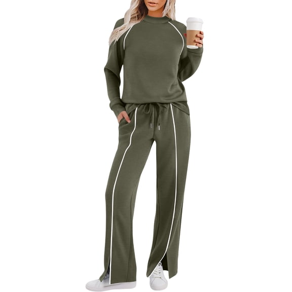 AHTJRT Women's Tracksuits Striped Crewneck Long Sleeve Tops Drawstrings Side Slit Pants 2 Pieces Athletic Sets Casual Fall Spring Sweatsuits Green L
