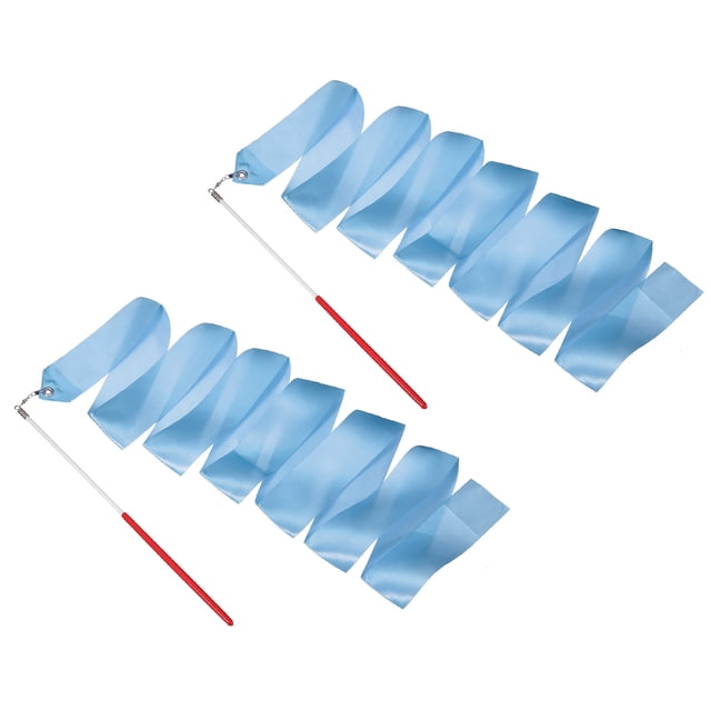 Uxcell 2 Pcs Cintas de Baile, 78.7 Pulgadas Cintas de Gimnasia con Varita Roja para Gimnasia Artística, Azul Claro