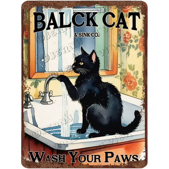 Animals Prints Wall Decor A Cute Black Cat in Sink Pictures Posters Funny Bathroom Wall Art Wash Your Paws Sign Vintage Black Cat Metal Sign 12"x16"