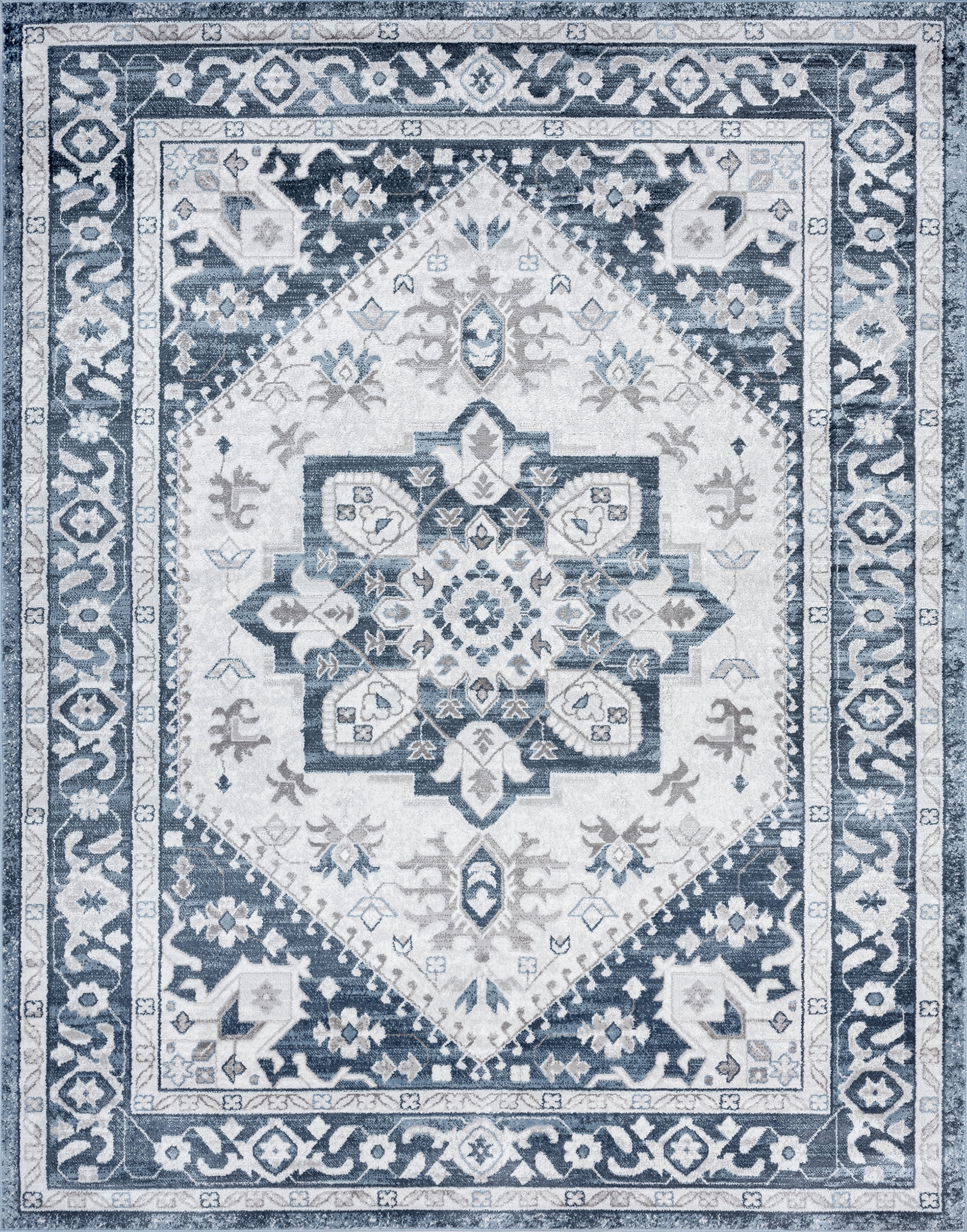 Traditional 8x10 Area Rug (7'11'' x 10'3'') Medallion Blue, White Living Room Easy to Clean