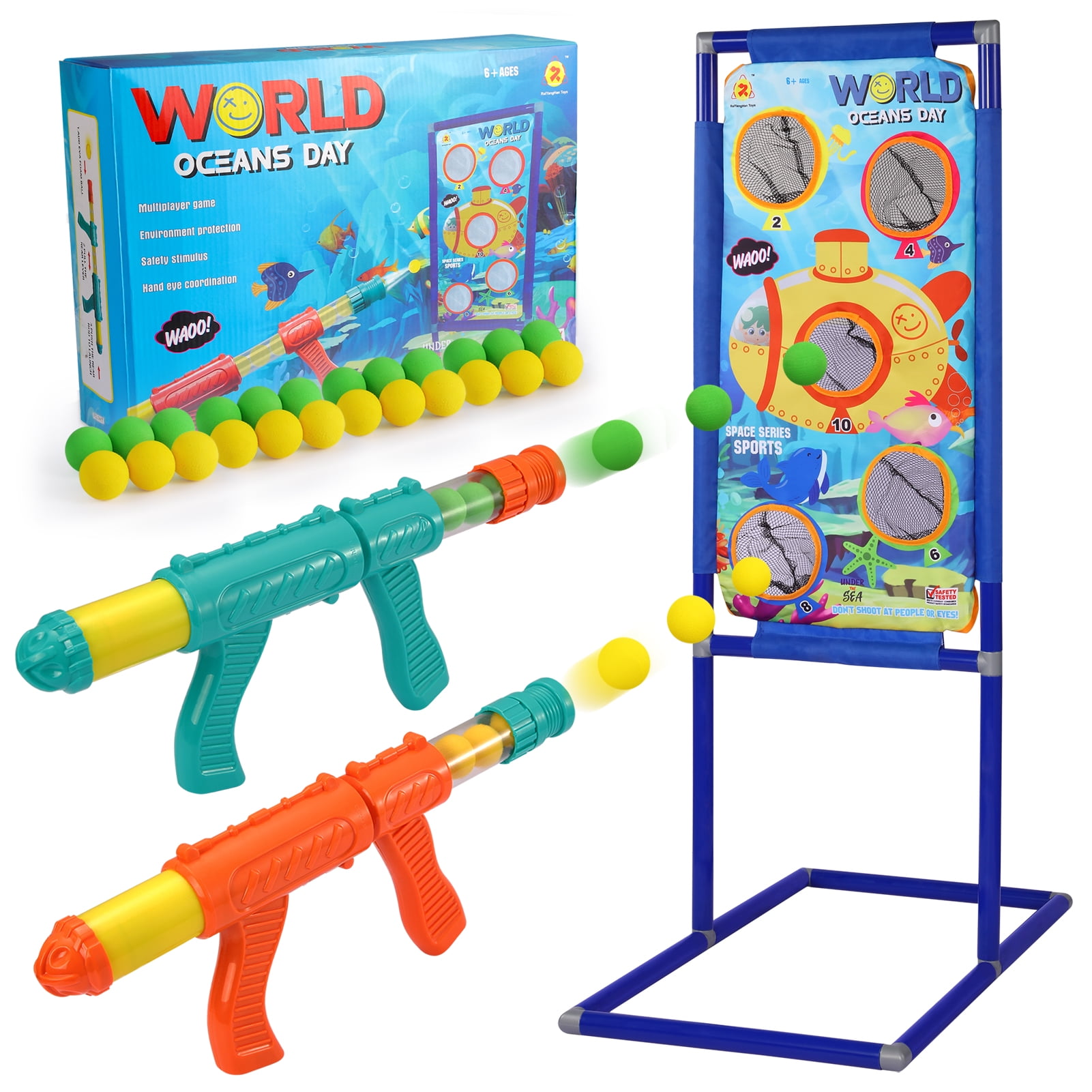 Aeeaying Shooting Game Toy for Kids, 2 Foam Ball Popper Air Toy Guns with Standing Shooting Target and 48 Foam Balls, for Indoor Outdoor Activity Game 