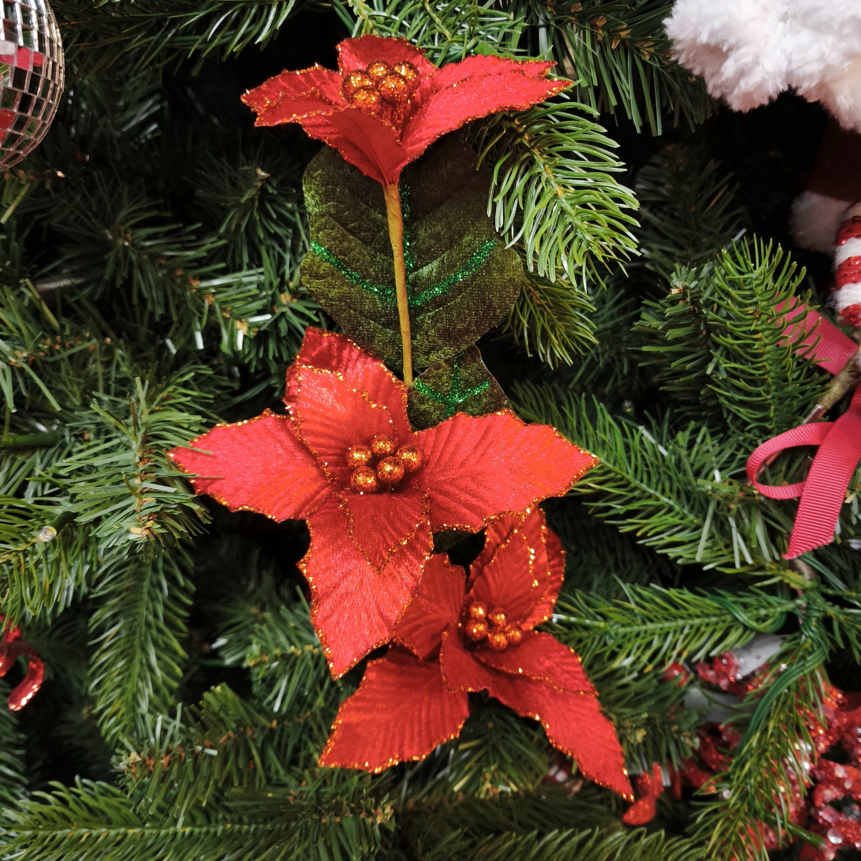 Red and Green Glitter Poinsettia Decorative Christmas Pick, 18", by Holiday Time