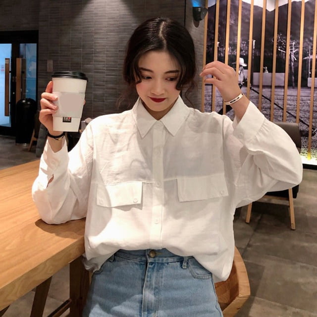 PIKADINGNIS Spring White Shirt for Women Korean Style Loose Cotton Long  Sleeve Blouse Woman Casual Turn-down Collar Blouses Lady 