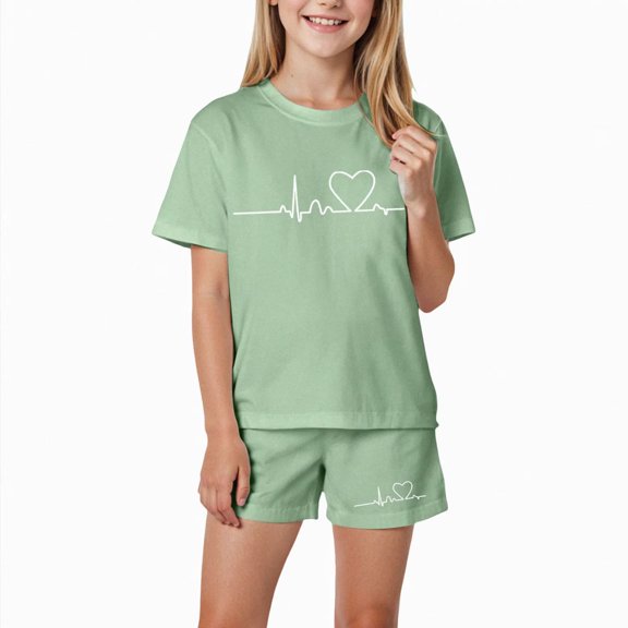 Grblisyd Girls Outfits Size 10-12 Kids Heart Print Short Sleeve T-Shirts Elastic Waist Shorts Casual Summer 2 Piece Clothing Sets