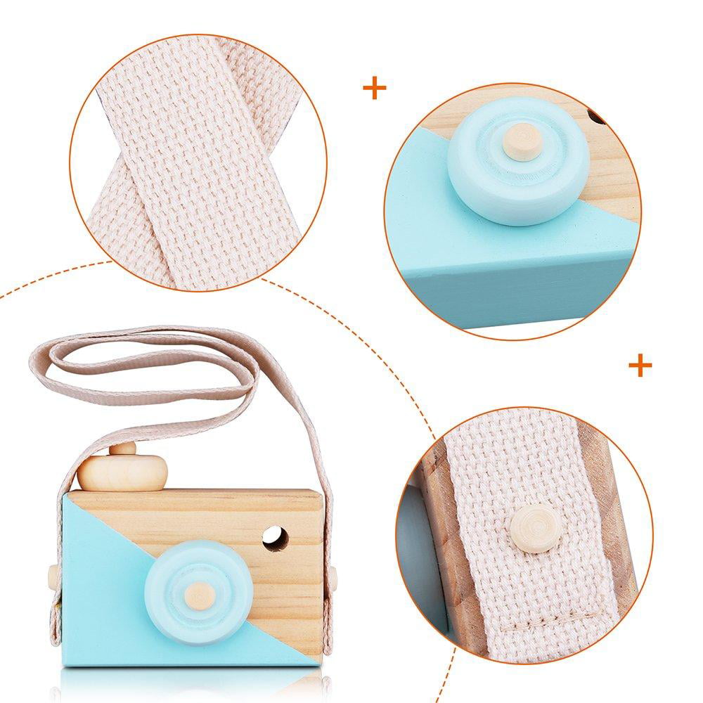 Kids Wooden Mini Camera Toy Natural Cute Wood Camera Sharpe Toy with Neck Strap 