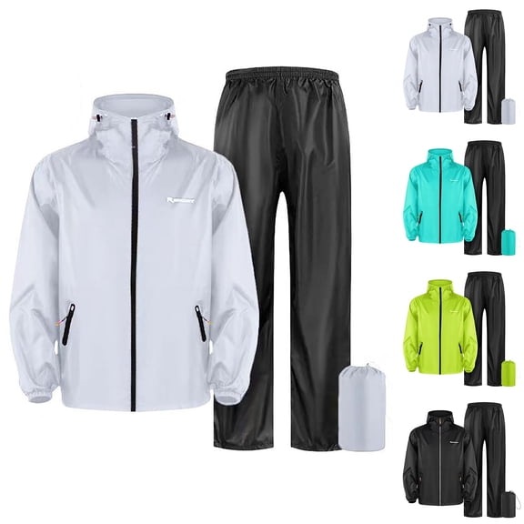 Men's Rain Suit 2 Pcs Waterproof Rain Gear Lightweight Rain Jacket Pants (White XXXL)