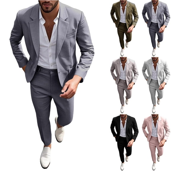 Men's Linen Suit Set 2Pcs Slim Fit Elegant Solid Pocket Dress Blazer Jacket Pants,formal Mens Tuxedo Set Single Breasted 2 Button for Wedding Work Prom Dark Gray