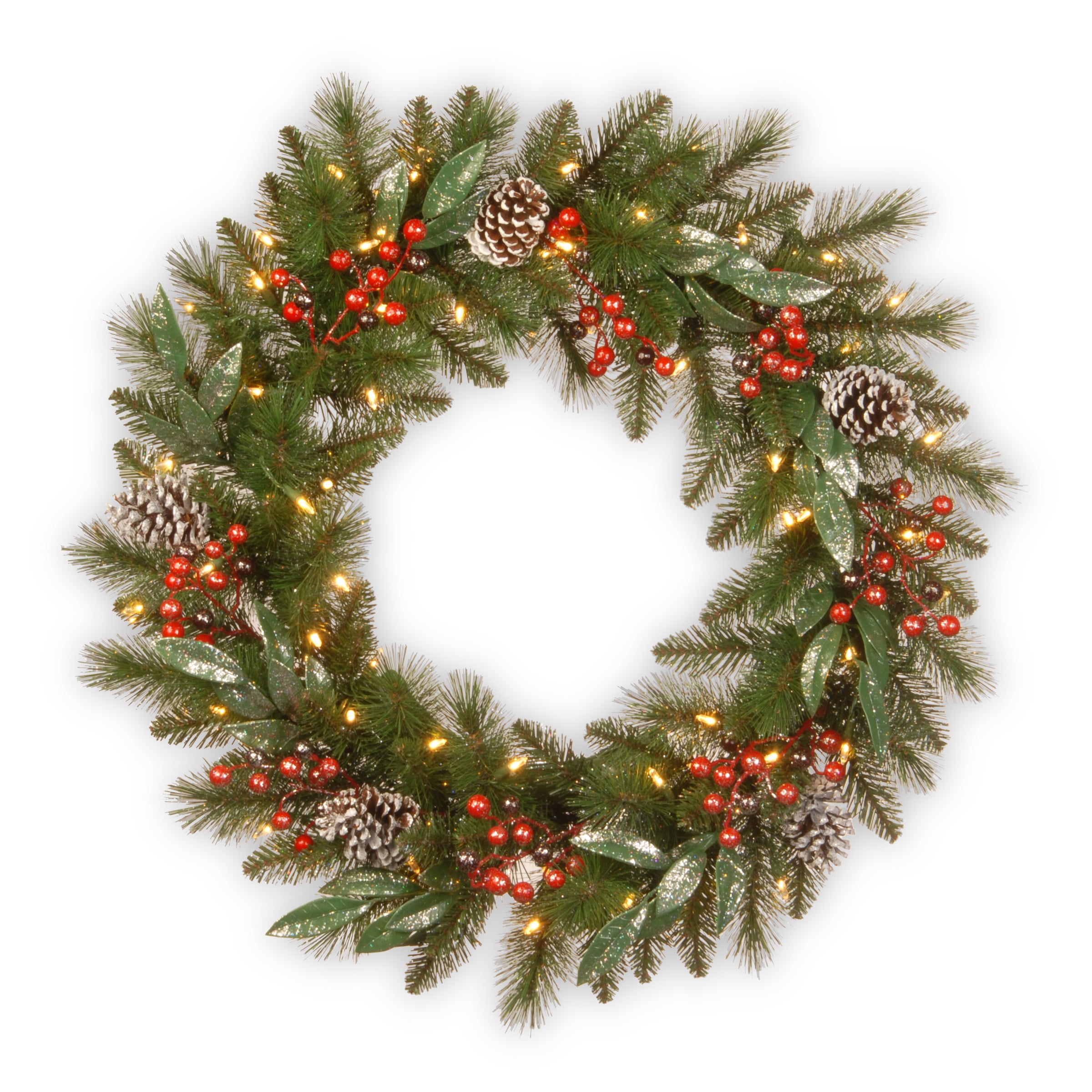 30" Frosted Pine Berry Collection Wreaths with Big White Edged Cones, Red Berries, Silver