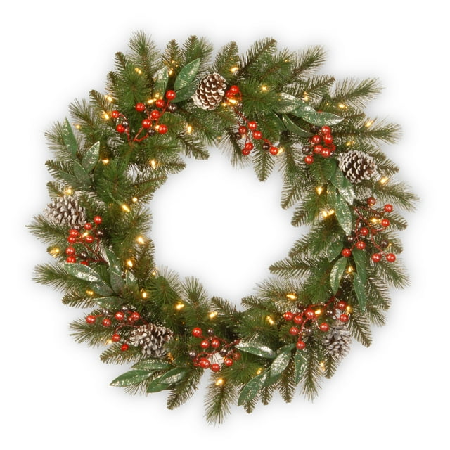 Couronnes de Collection de Baies de Pin Givrées de 30 "avec de Grands Cônes à Bords Blancs, des Baies Rouges, des Feuilles d'Eucalyptus Argentées et 50 Leds Leds Blancs Chauds avec Minuterie