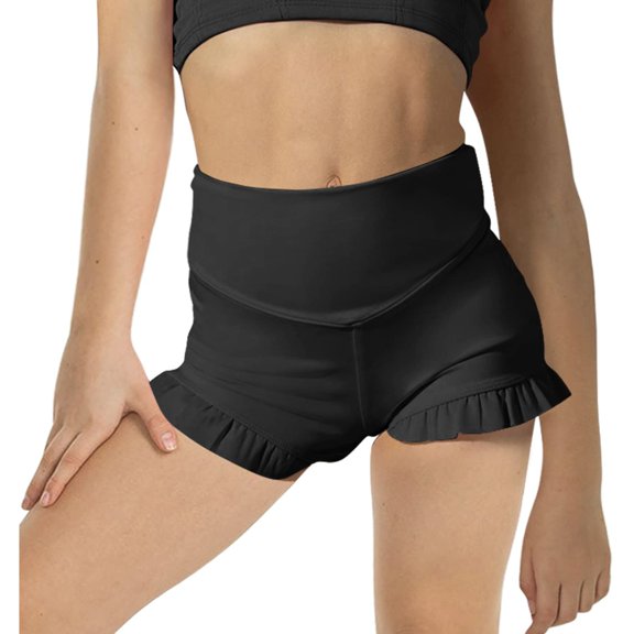 JIUWEN Girls Athletic Ruffle Shorts High Waisted Yoga Dance Shorts Comfy Workout Gymnastics Shorts-Black-120,Ruffle Shorts,Dance Outfits,Dance Shorts for Girls