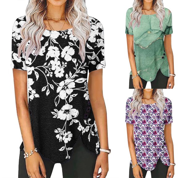 Fesfesfes T Shirts for Women Loose Fit Women Casual Buttons Printed Short Sleeve Round Neck Pullover Blouse T-shirt Tops V Neck Tops for Women S(US:4)