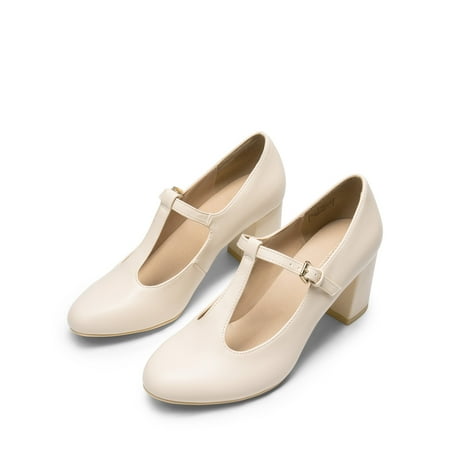 BURUDANI Women s T-strap Mary Jane Pumps Low Chunky Heels Wedding Dress Shoes NUDE/PU Size 12
