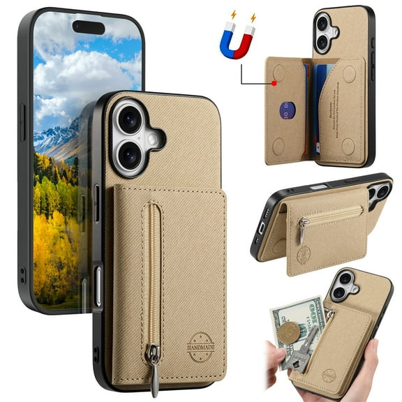 for iPhone 17 Wallet Case, Classic Denim Texture PU Leather RFID Blocking Zipper Pocket Card Slots with Kickstand, Shockproof Anti-Scratch Protective Magnetic Closure Anti-Slip Back Case, Khaki
