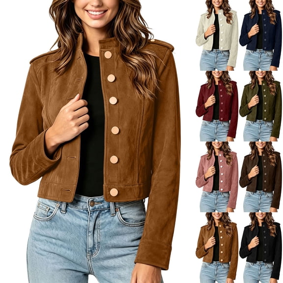 Women's Faux Suede Cropped Moto Jacket Stand Collar Button Down Long Sleeve Slim Short Biker Coat Fall Winter Vintage Casual Outerwear Wine