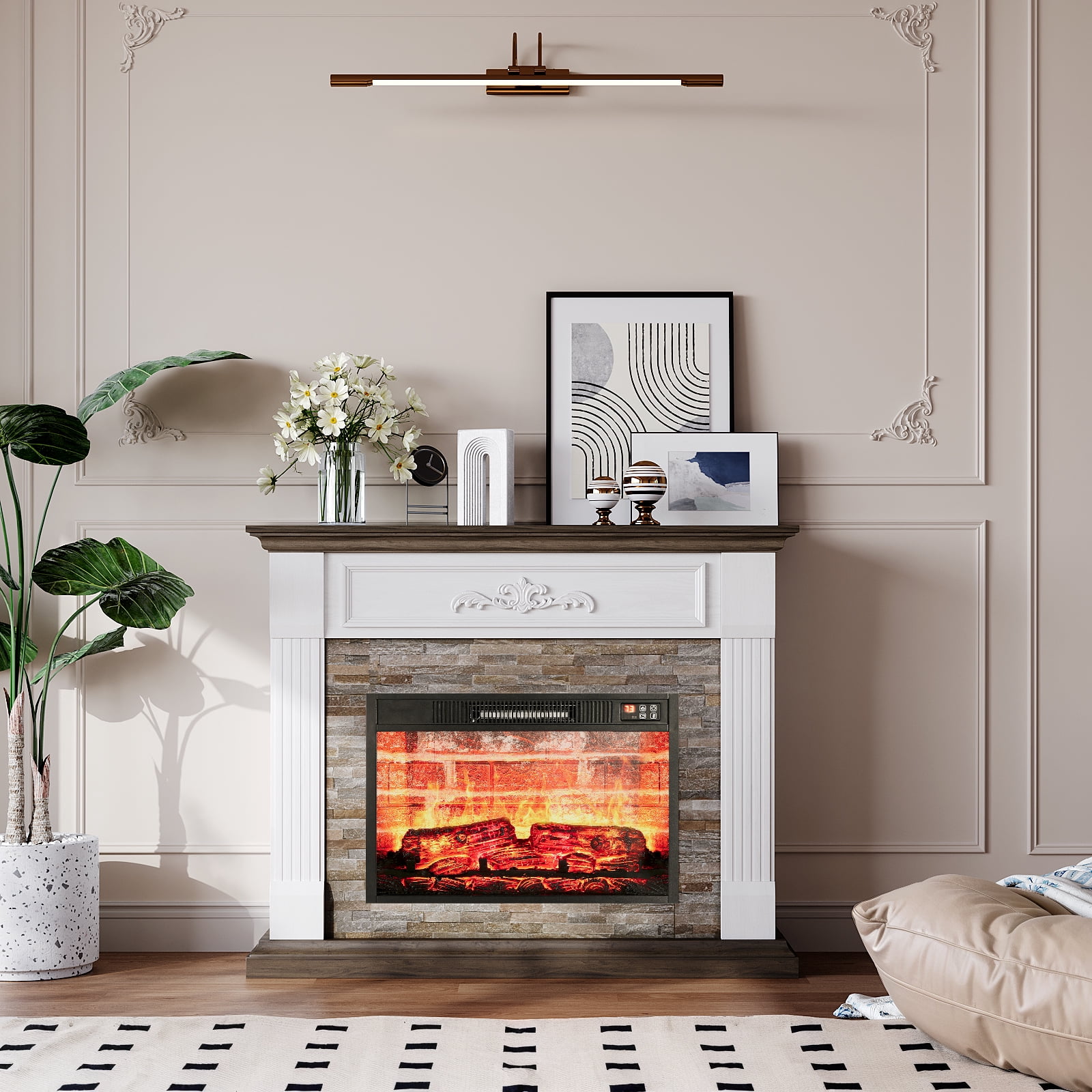 44"L Fireplace Mantel with 23" Electric Fireplace, Wooden Free Standing Fireplace, with Remote Control, Adjustable LED Flame