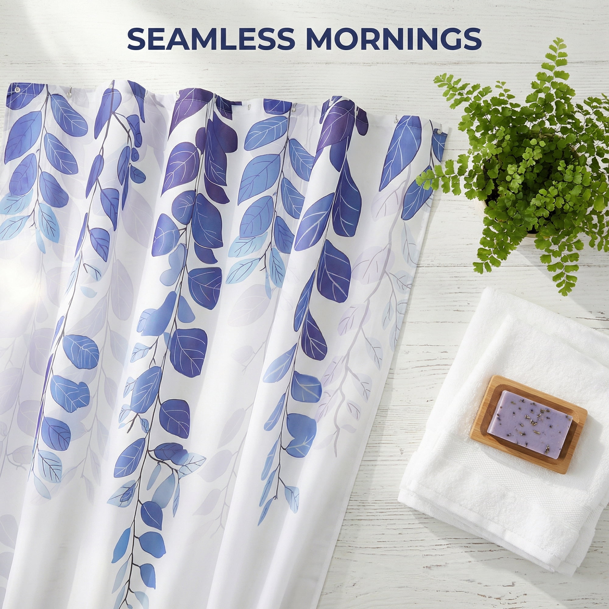 Unique Bargains Waterproof Plant-Print Shower Curtain Set with 12 Hooks Blue 71"W x 71"L