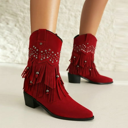 

YOUSNH Women Ankle Boots Fashionable New Pattern Tassel Decoration Retro Pointed Thick Heels Comfortable Fitting Shoes Boots for Lady Red 8.5