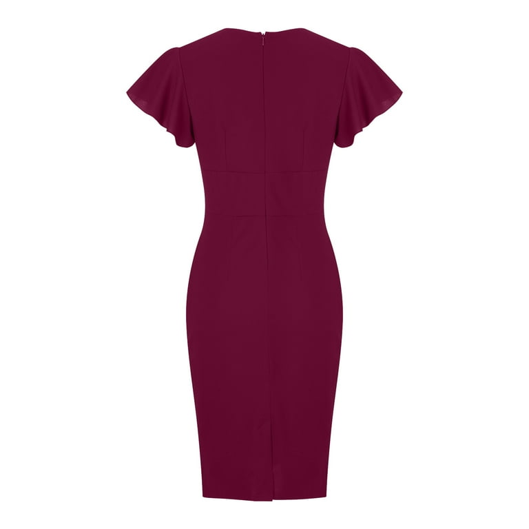Odeerbi Dresses For Women 2025 Homecoming Dresses Evening Party Dresses  Erogenous Solid V-Neck Ruffle Short Sleeve Ruched Burgundy - Walmart.com