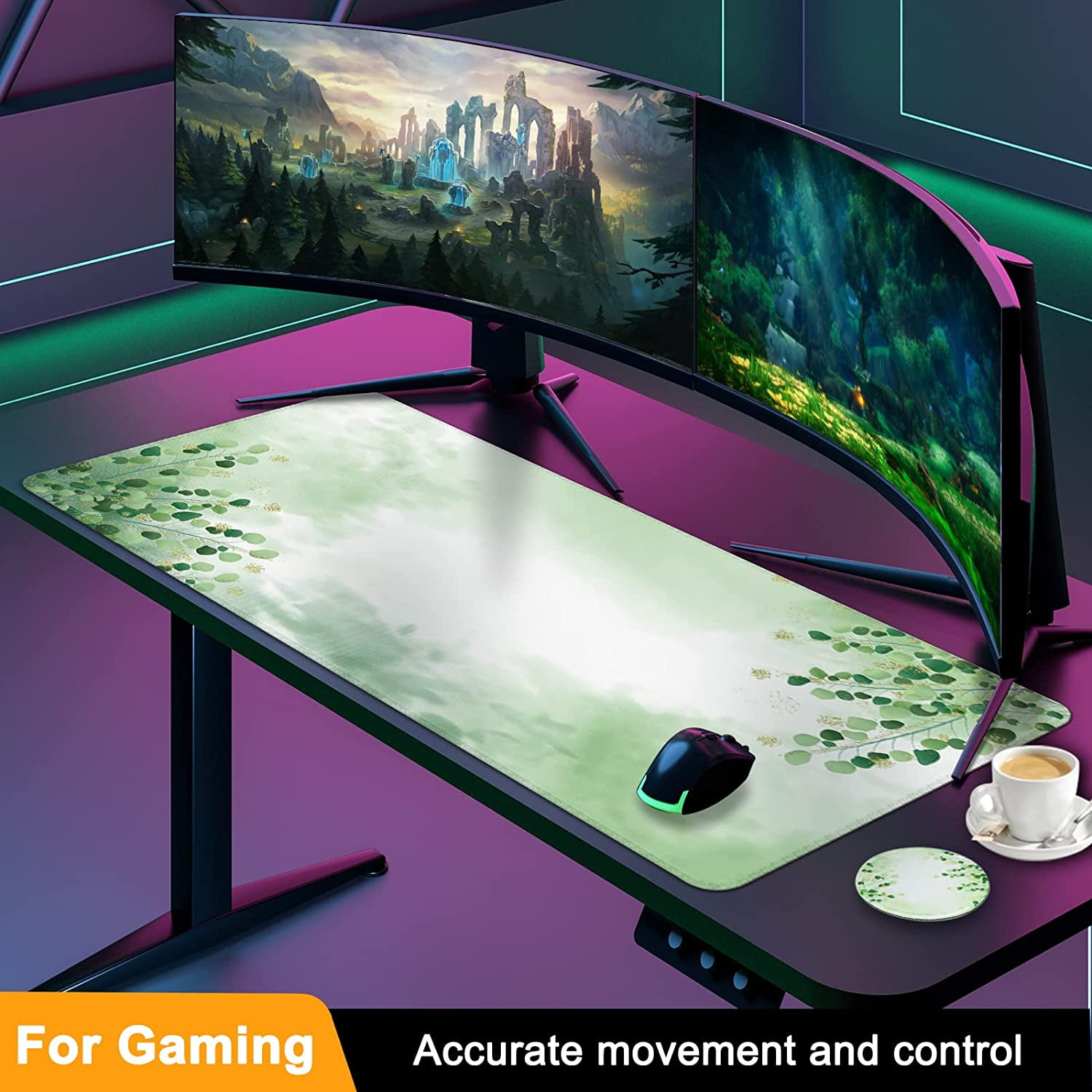 Large Gaming Mouse Pad with Coaster, Desk Mat, Desk Pad, Mouse Pads for Desk Protector, Stitched Edges Big Extended Mousepad for Computer Keyboard Laptop Office Decor, 31.5'' x15.6'' -Green Leaves