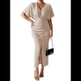 thumbnail image 2 of Vestido de Cóctel para Mujer, con Efecto Metalizado, Cruzado, Color Liso, Escote en V, Plisado, Abertura Alta, Corta, Midi, Color Albaricoque L, 2 of 9