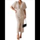thumbnail image 2 of Vestido de Cóctel para Mujer, con Efecto Metalizado, Cruzado, Color Liso, Escote en V, Plisado, Abertura Alta, Corta, Midi, Color Albaricoque, Talla S, 2 of 9