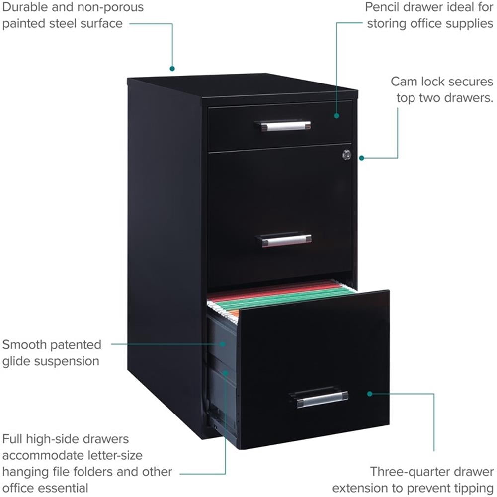 Pemberly Row 3-Drawers Metal Filing Cabinet with Pencil Drawer in Black