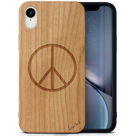 Case Yard Wooden Case Outside Soft TPU Silicone, Slim Fit Shockproof Wood Protective Phone Cover for Girls Boys Men and Women, Supports Wireless Charging Peace Design case for iPhone-XR