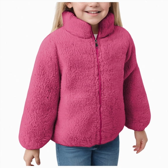 Gubotare Girls Fleece Jacket Kids Zip up Stand Collar Solid Sherpa Coat with Pockets Fall Winter Soft Warm Fuzzy Plush Outwear (Hot Pink, 9-10 Years)