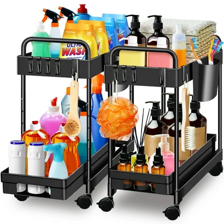 2 Pack Under Sink Organizers and Storage,2 Tier Pull Out Cabinet Organizer with Wheels,4 Tier Multi-Functional Rolling Storage Cart with Retractable Tubes for Bathroom,Kitchen,Laundry Room,Black
