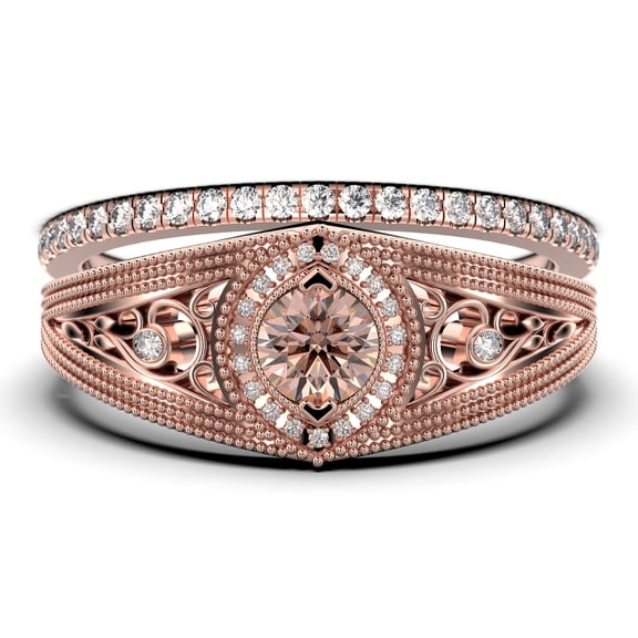 Decorative Ornament 1.75 Carat Round Cut Morganite And Diamond Moissanite Engagement Ring, Vintage Look Wedding Ring in 925 Sterling Silver With 18k Rose Gold Plating Promise Ring, Bridal Rings Set
