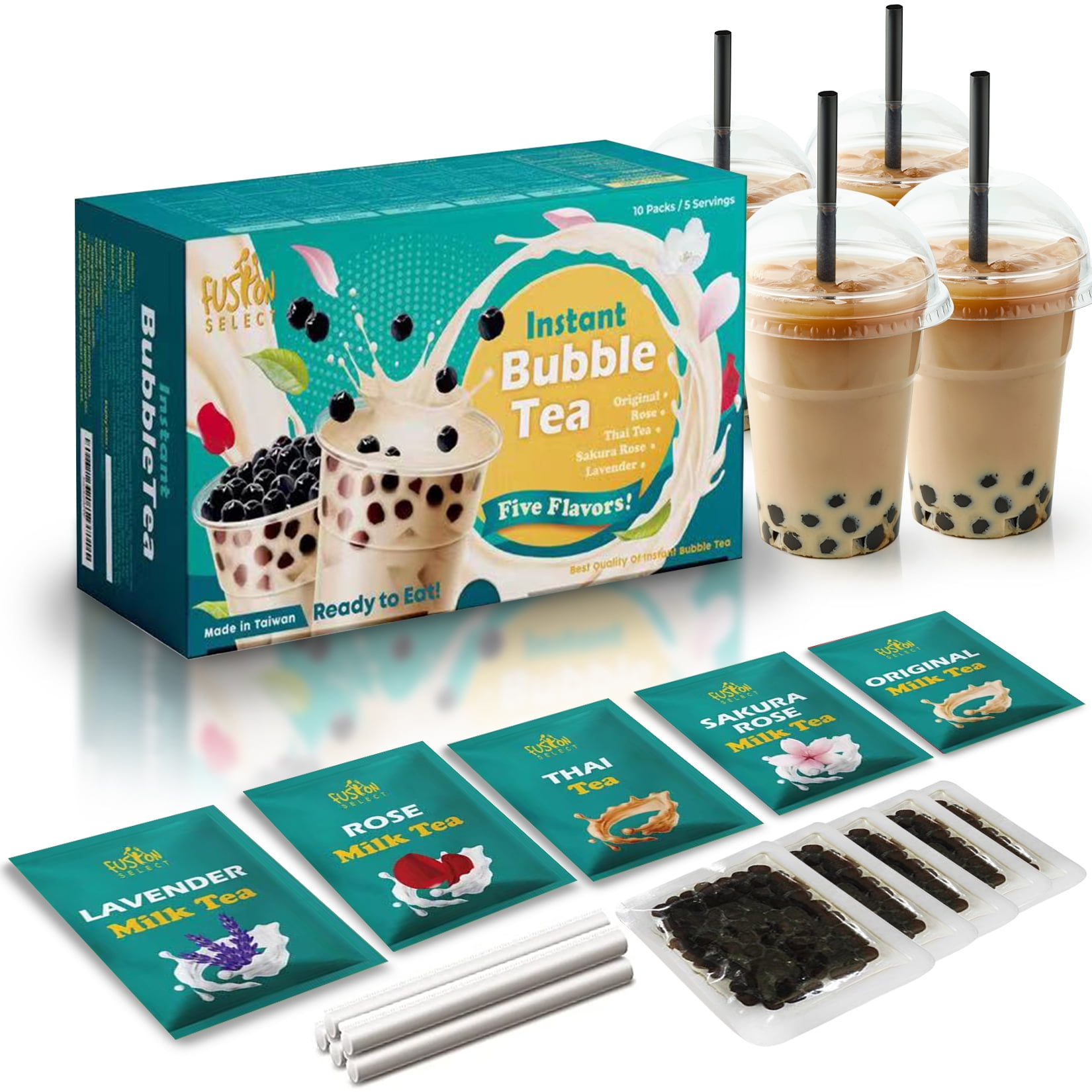 Fusion Select Authentic Bubble Tea Kit (5 Bubble Tea Boba Pearl Straws Most Popular Bubble Tea Flavors Milk Tea Rose Sakura Rose and Thai Tea - Walmart.com