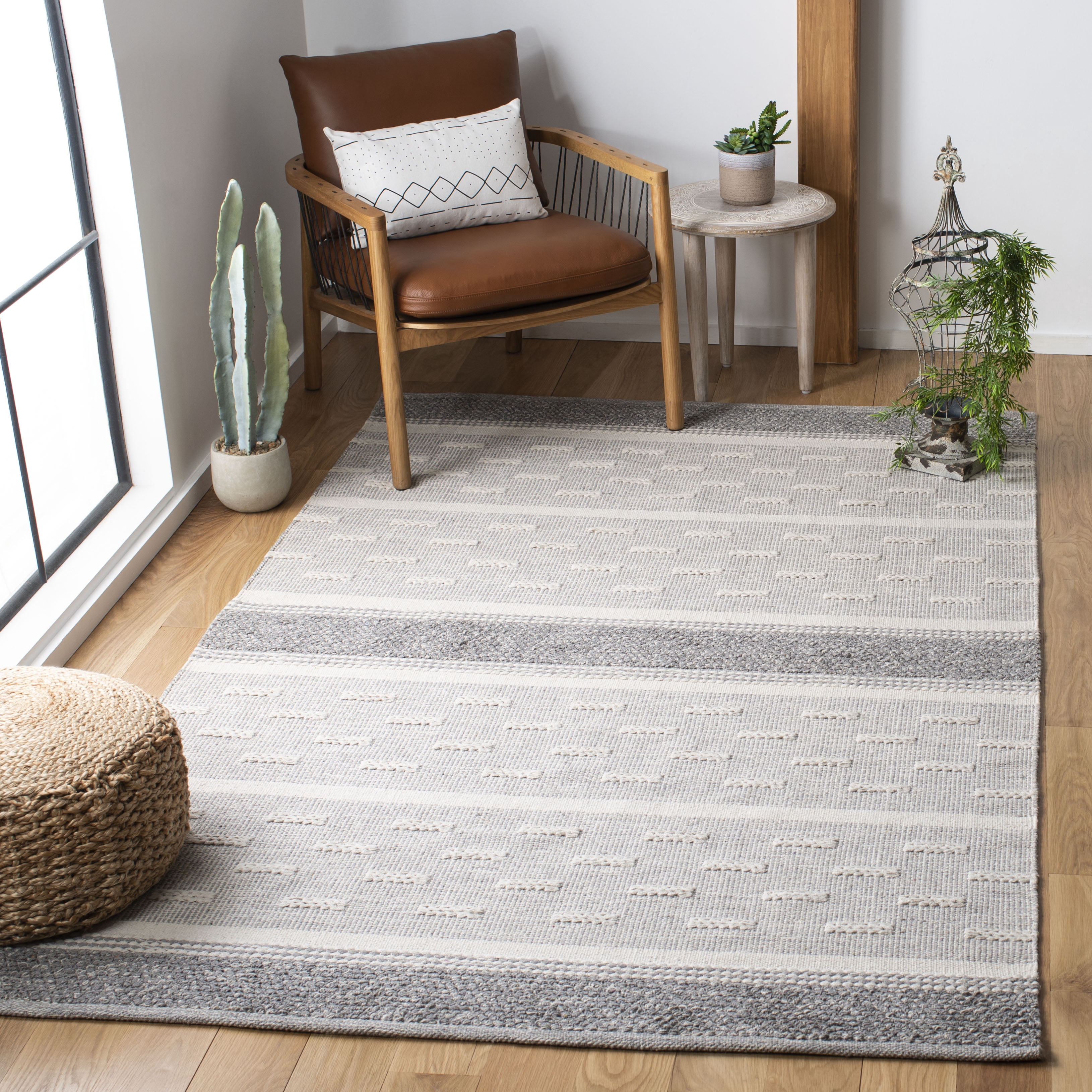 SAFAVIEH Striped Kilim Rory Striped Cotton Area Rug, Ivory/Grey, 6' x 9'
