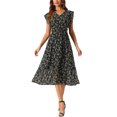 thumbnail image 1 of Vestido de gasa floral con cintura elástica y dobladillo con volantes para mujer Inspire Chic, talla XS, negro, 1 of 7