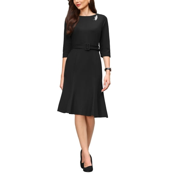 INSPIRE CHIC Women's Fishtails Dress with Brooch 3/4 Sleeve Boat Neck Funeral Dress with Belted M Black