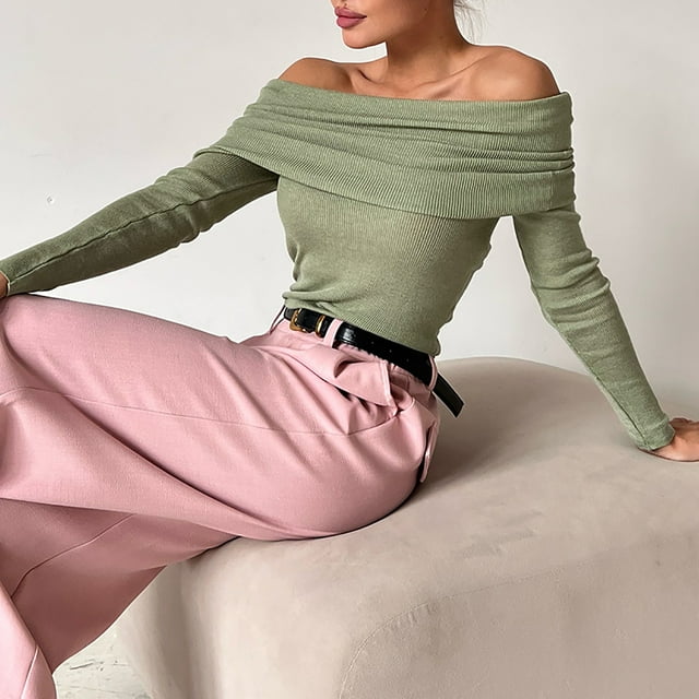RXIRUCGD Chandail Tricoté à Manches Longues et Épaules Dénudées pour Femmes, Col Rond, Automne/hiver 2024, Nouvel Article, Vert Menthe, Taille : L