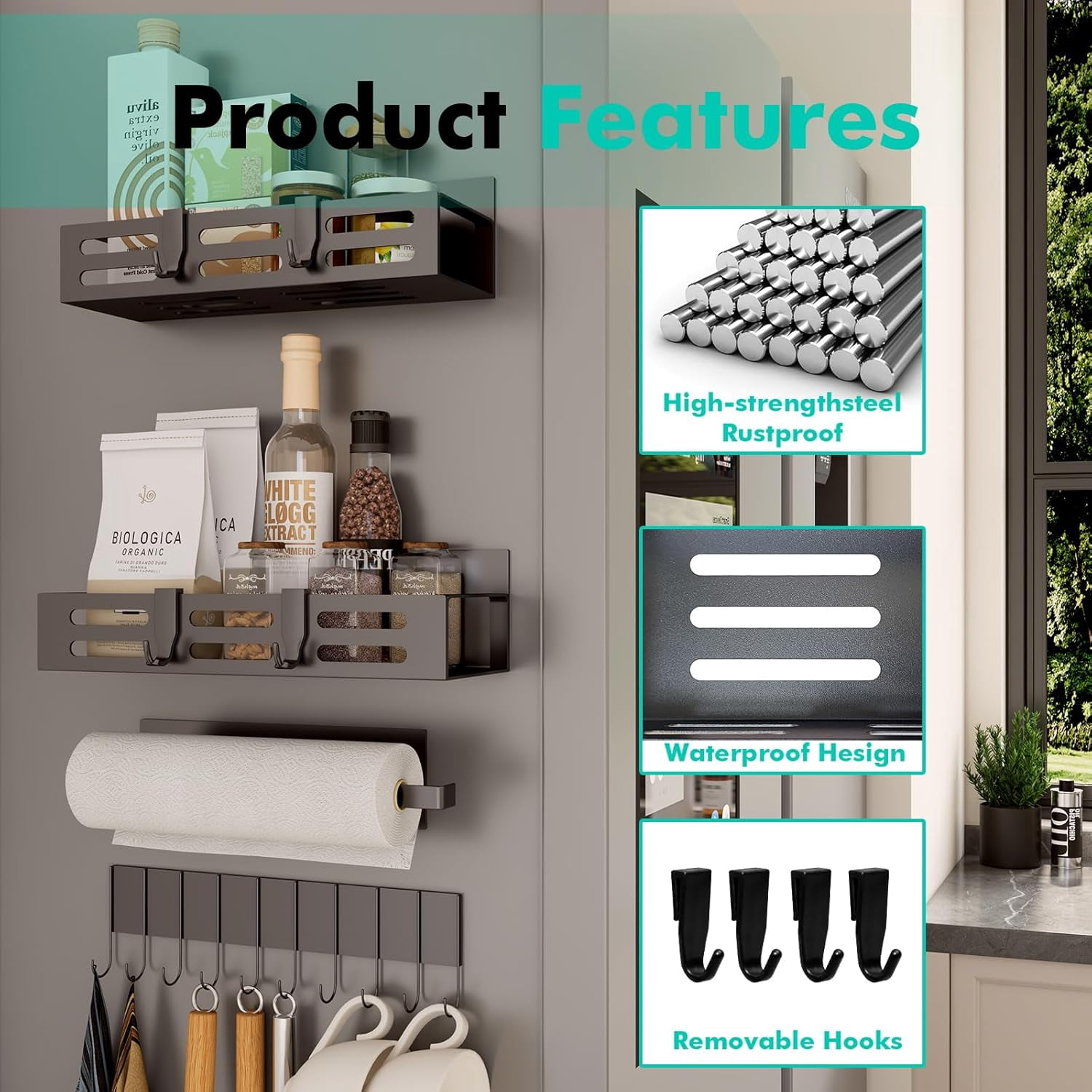 4 Pack Magnetic Spice Rack for Refrigerator with 4-Hook Rack and Paper Towel Holder, Black Magnetic Shelf and Fridge Kitchen Cabinet Organizers Storage Seasoning Organization Mini Shelves.