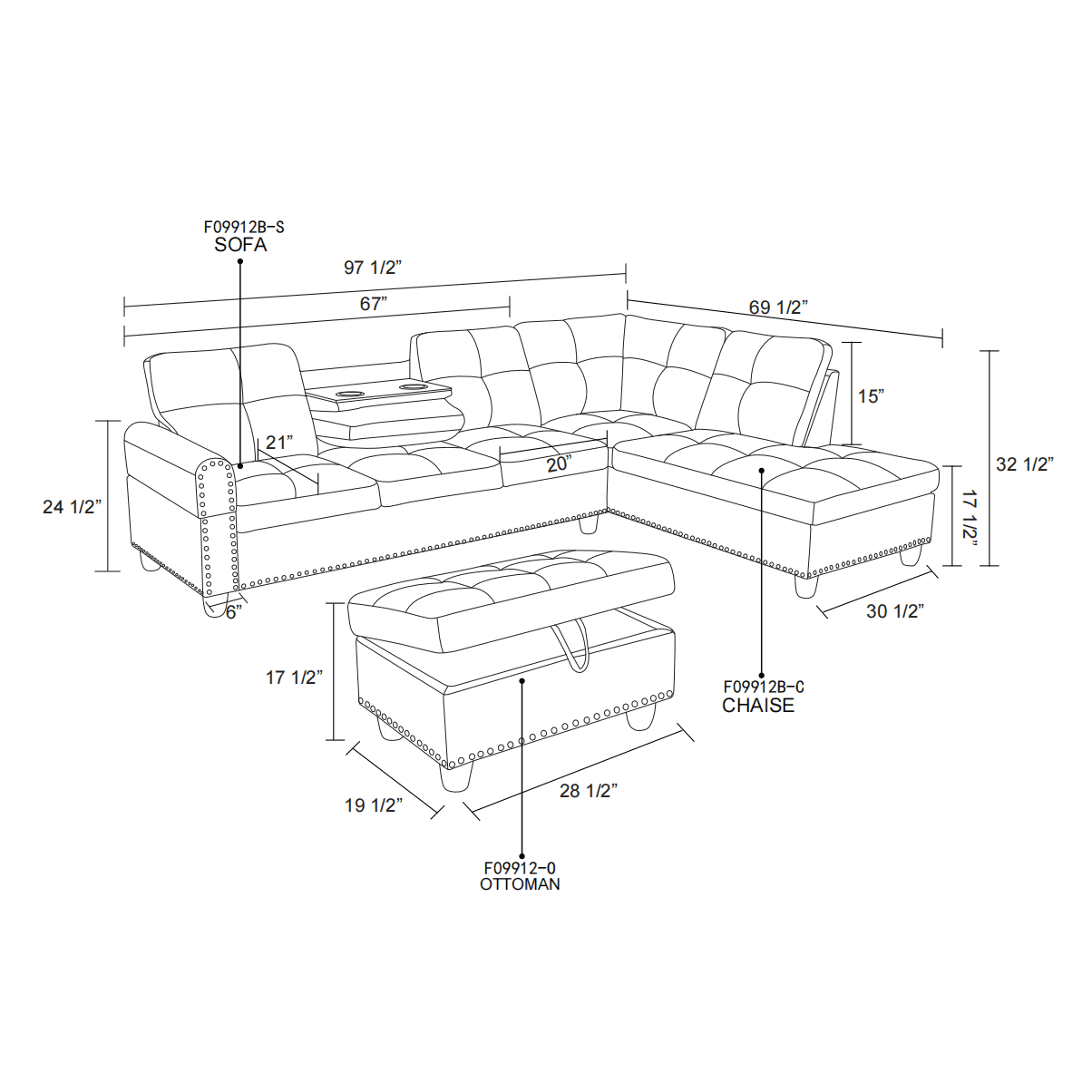 Hommoo Faux Leather Living Room Furniture Set, Modern Nailhead Trim L-Shaped Sectional Couch and Sofa Set with Cup Holder, Right Side, Black