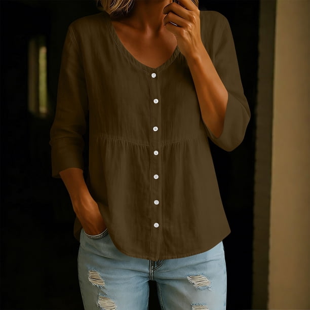 Craaazy Women Casual V Neck Blouse, Solid Color 3/4 Sleeve Button Down Shirt, Loose Fit Comfy Cotton Linen Top for Daily Wear Gifts