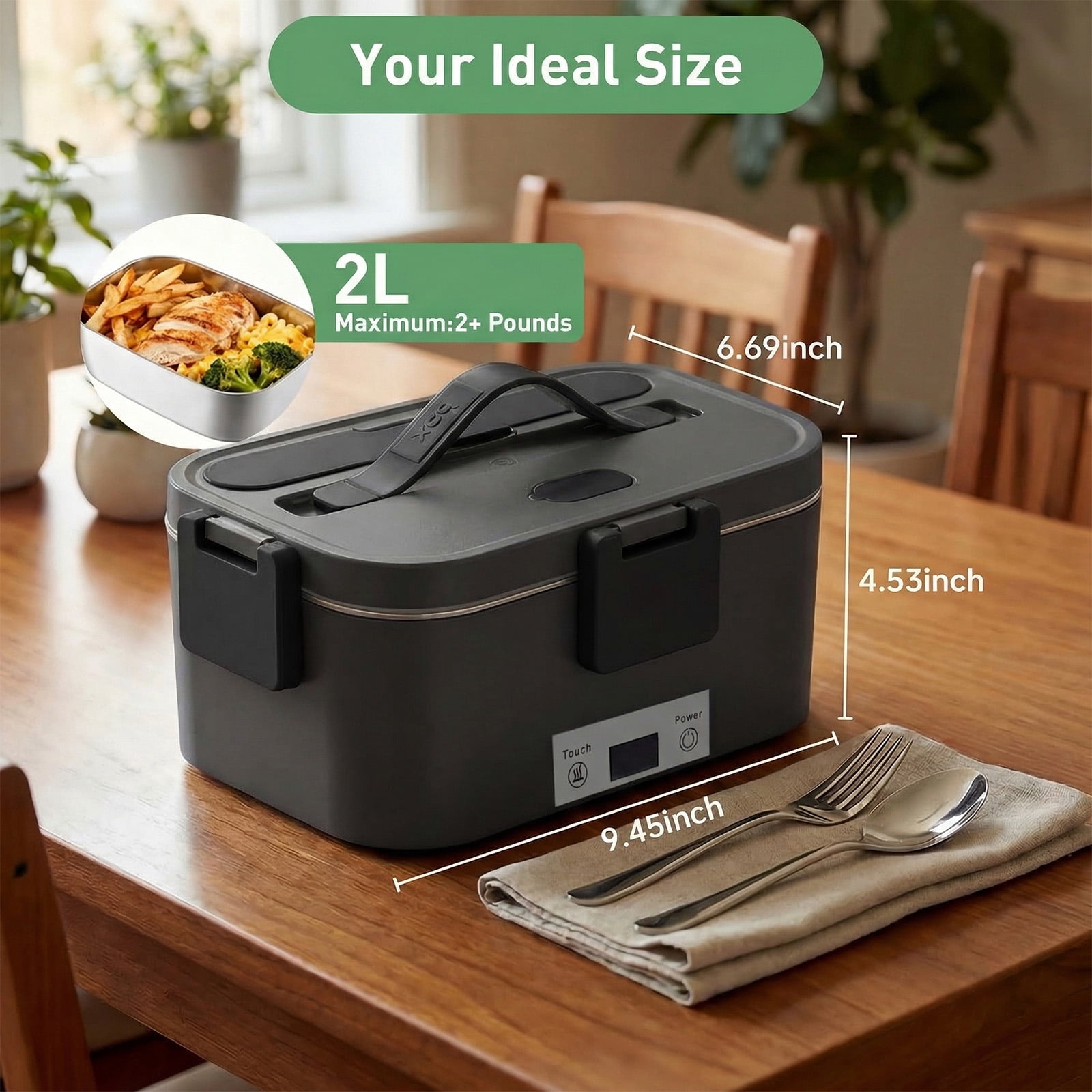 Electric Lunch Box Food Heater, Upgrade 100W High Power Portable Food Warmer, Heated Lunch Box for Adults Car/Home with 2L Removable Stainless Steel Container, 12V/24V/110V/220V,Black