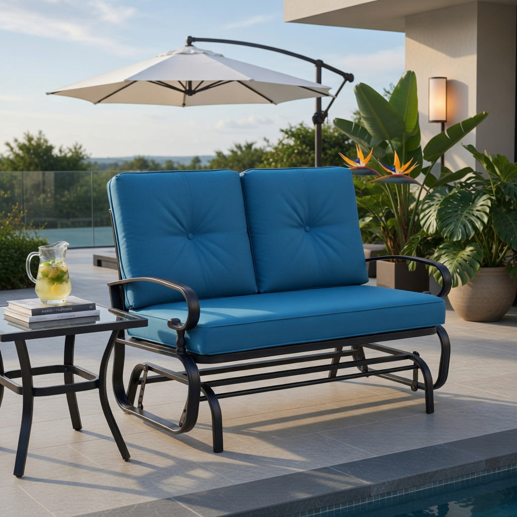 Hommoo 2-Person Outdoor Swing Glider Bench with Plush Olefin Cushions, Rust-Resistant Steel Frame, Gourd-Style Design for Patio, Porch & Backyard, Navy