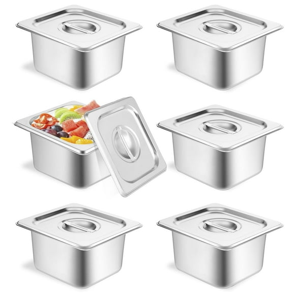 6 Set Hotel Pan 1/6 Size 4 Inch Deep Stainless Steam Table Pans with Lids Stackable Commercial Anti Jam Metal Steam Tray Catering Food Storage Steel Pan for Hotel Restau
